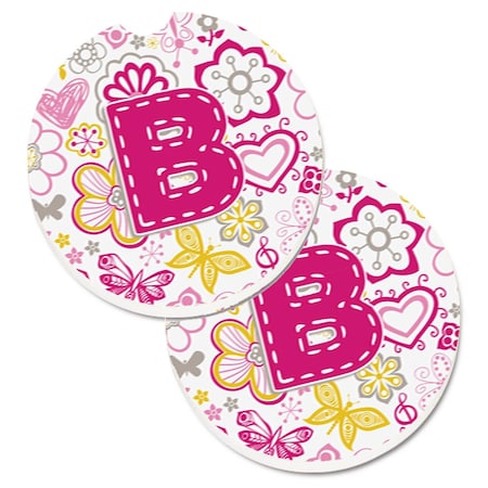 Carolines Treasures Letter B Flowers and Butterflies Pink Set of 2 Cup Holder Car Coaster CJ2005-BCARC